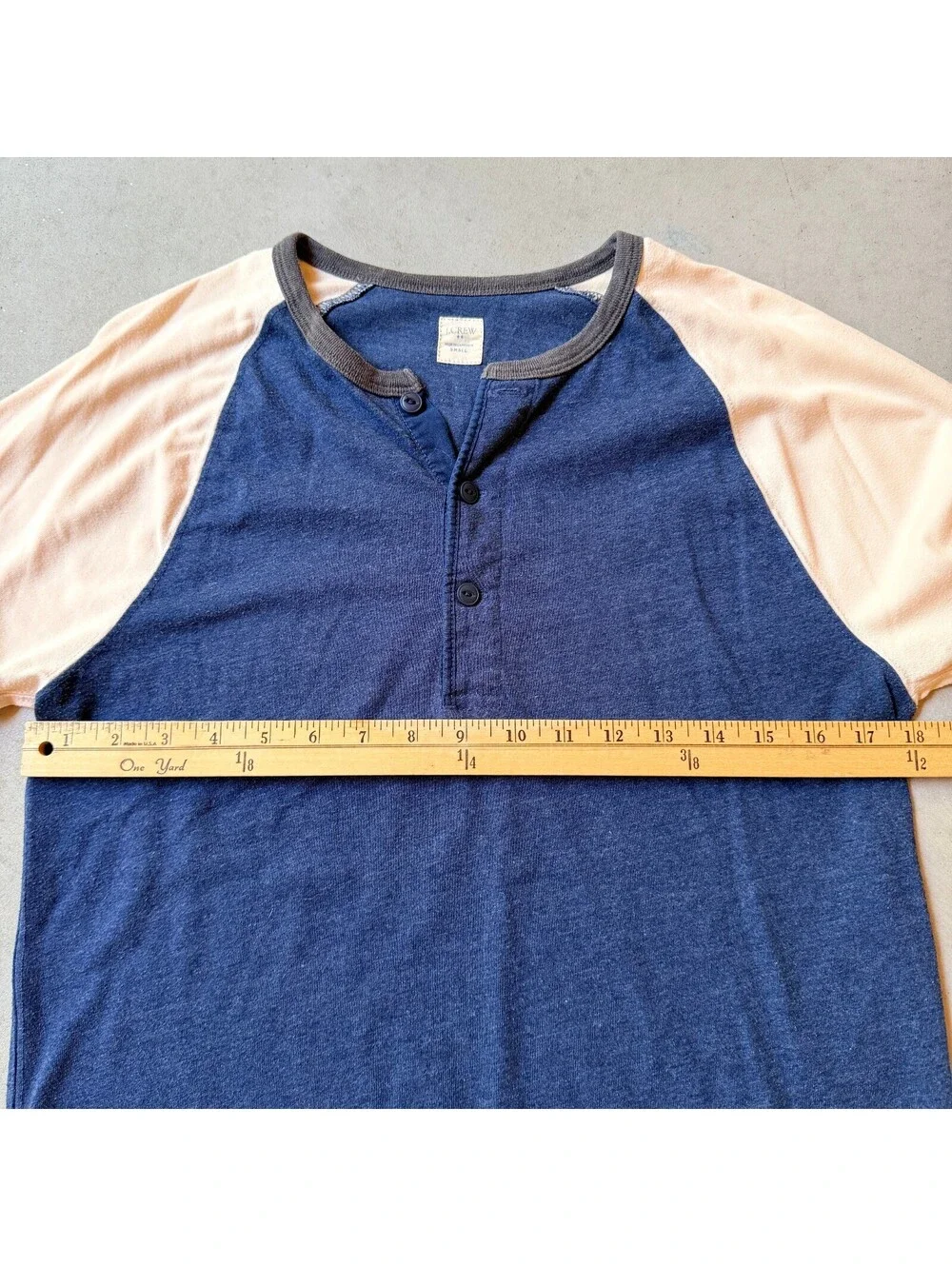 J.Crew Henley Baseball Shirt Small Two Tone Blue and Beige Long Sleeve Raglan